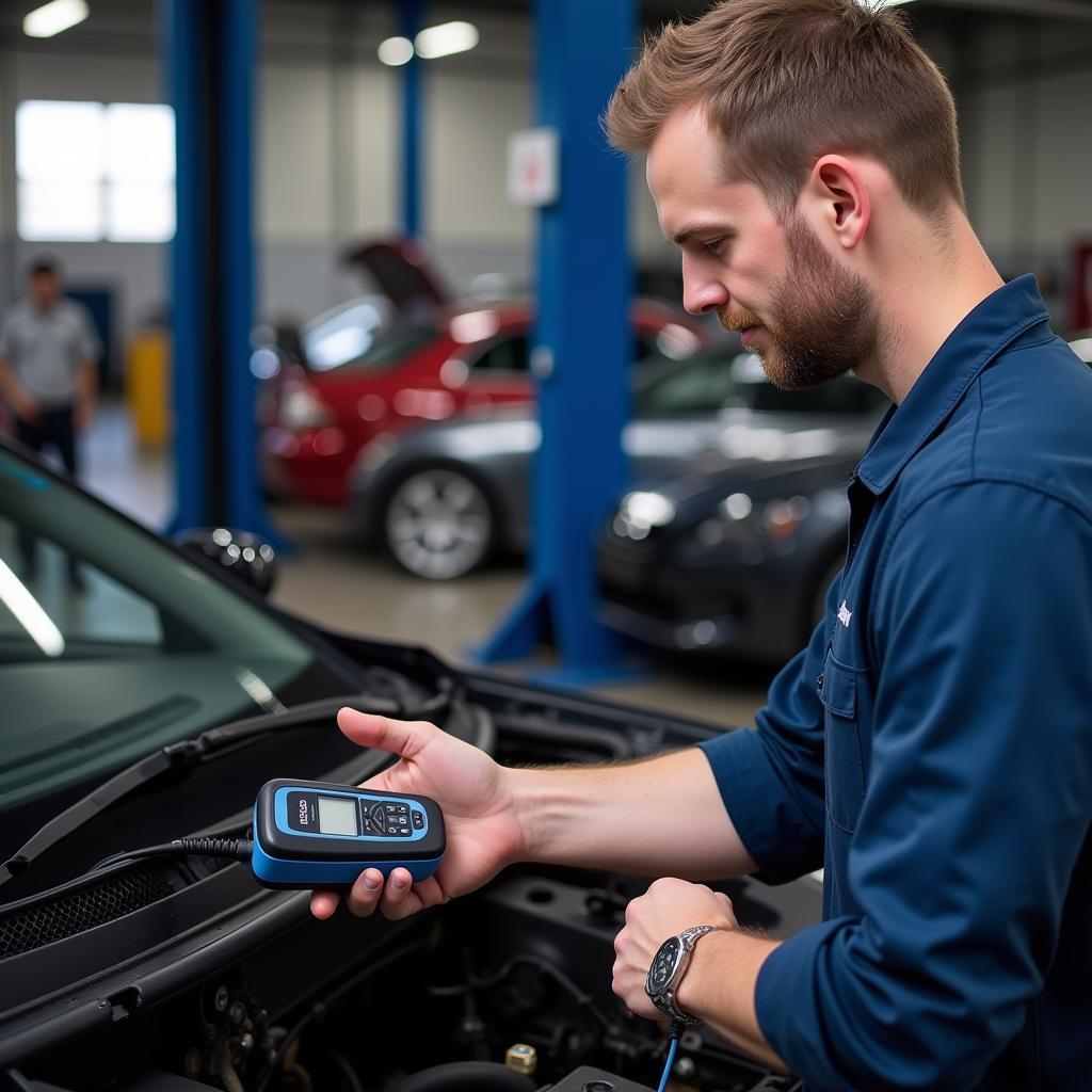 Mechanic performing a professional car diagnostic test at a repair shop.