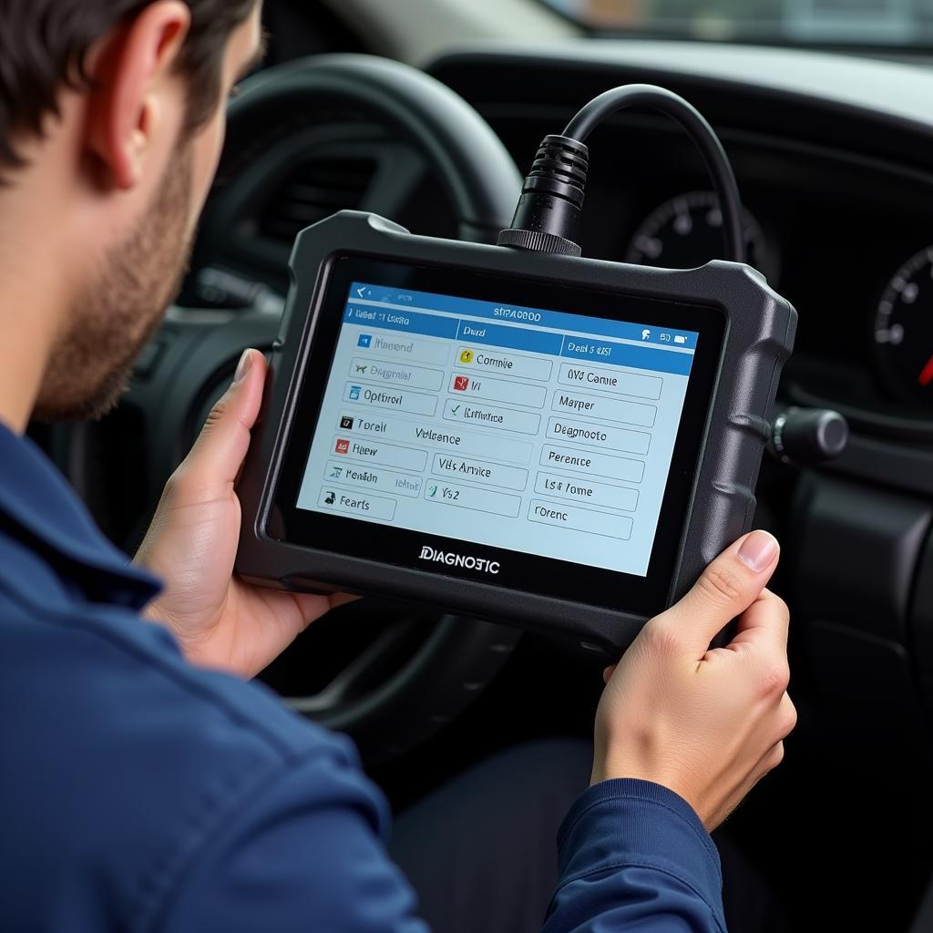 A mechanic holding a professional car diagnostic tool