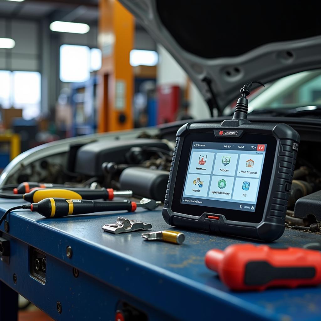 Professional-grade car diagnostic scanner in a workshop