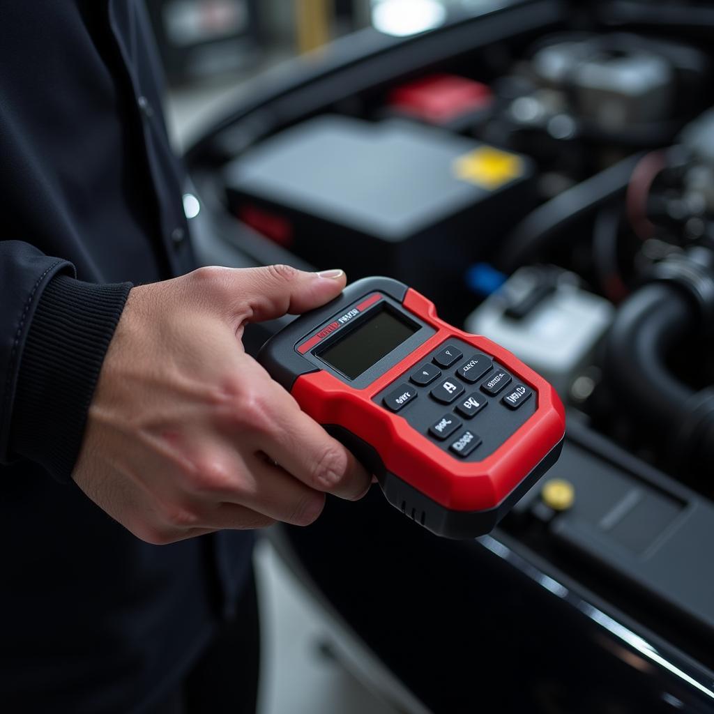  Close-up of a hand holding a professional car diagnostic tool with various buttons and functions