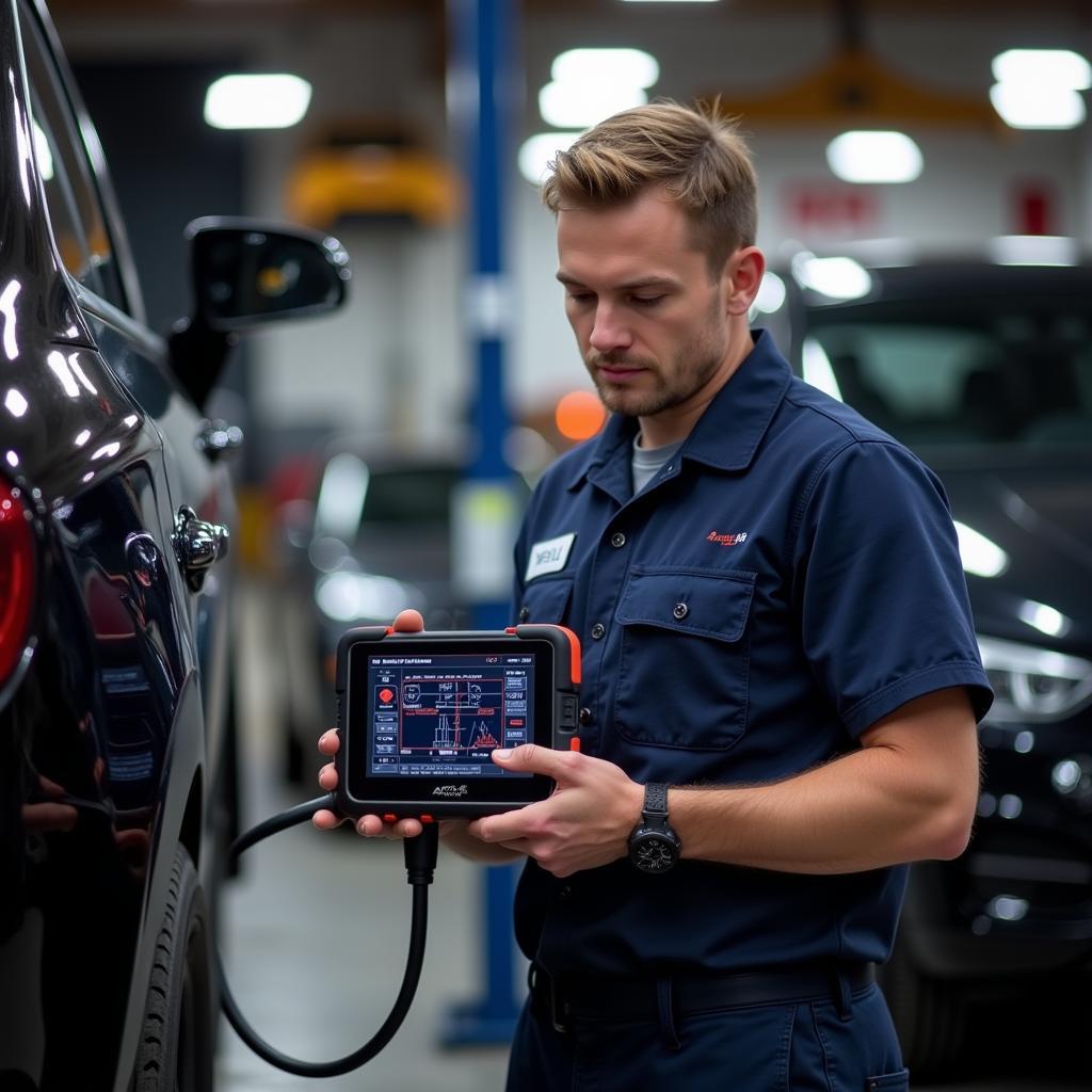 Mechanic using a professional car diagnostic tool in a garage