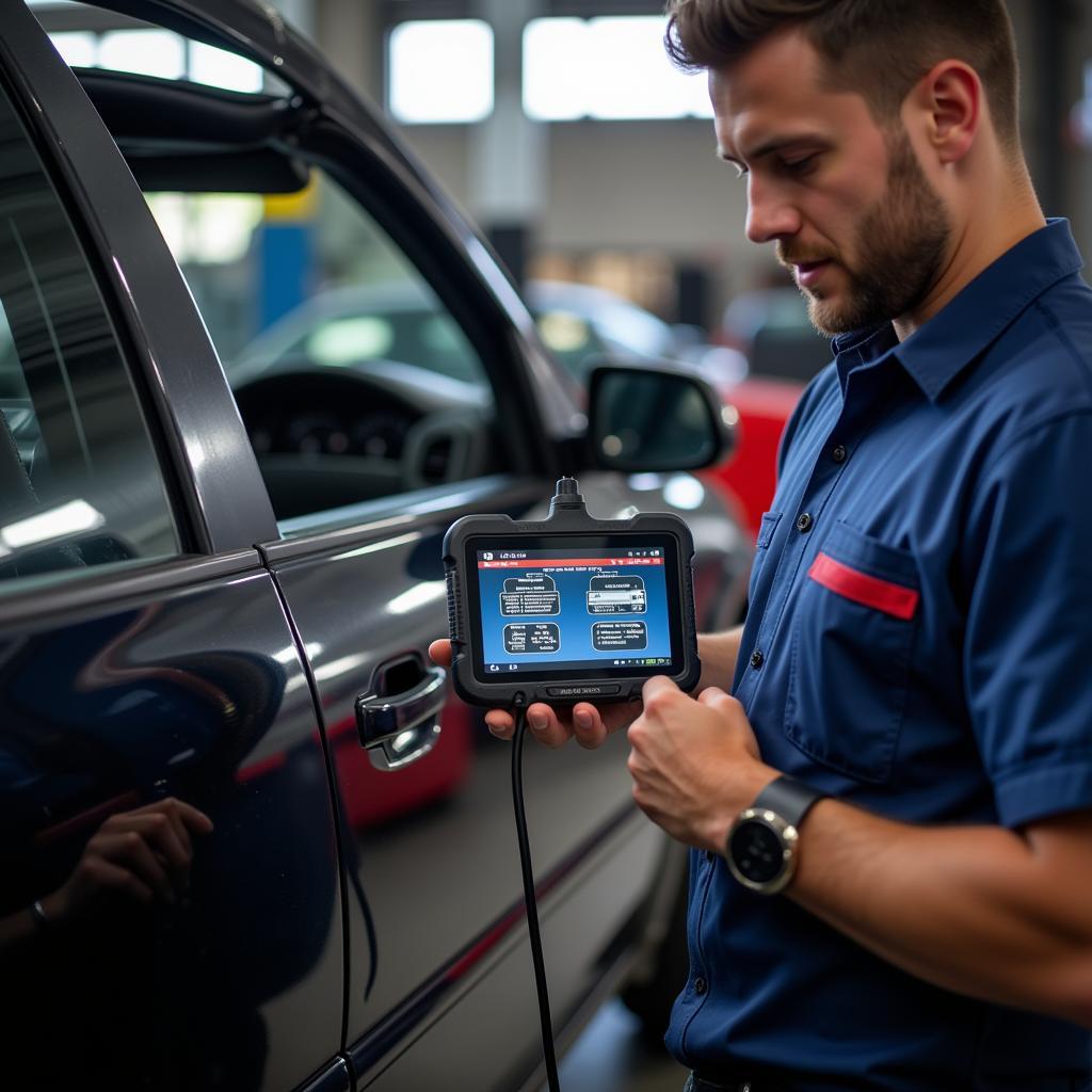 Mechanic using a professional car diagnostic tool in 2018