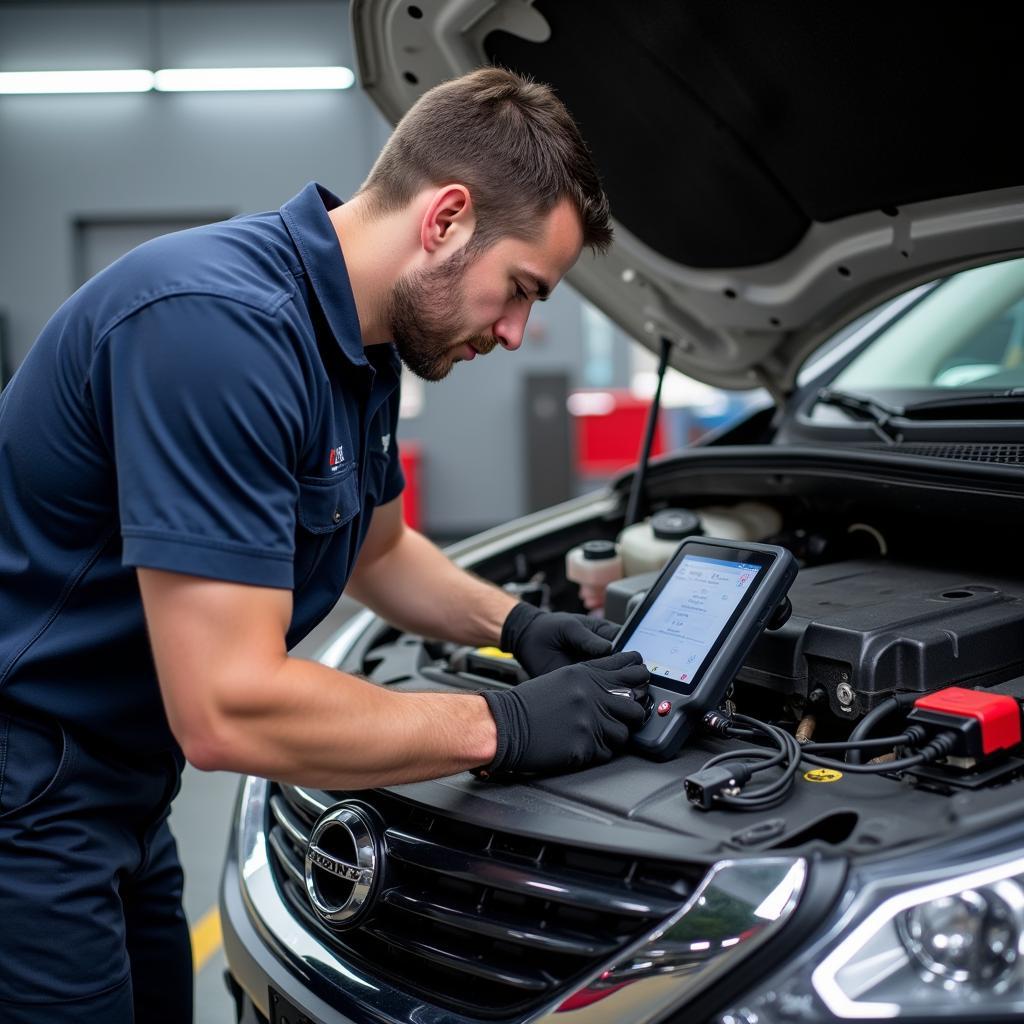 Mechanic using a professional diagnostic tool on a car