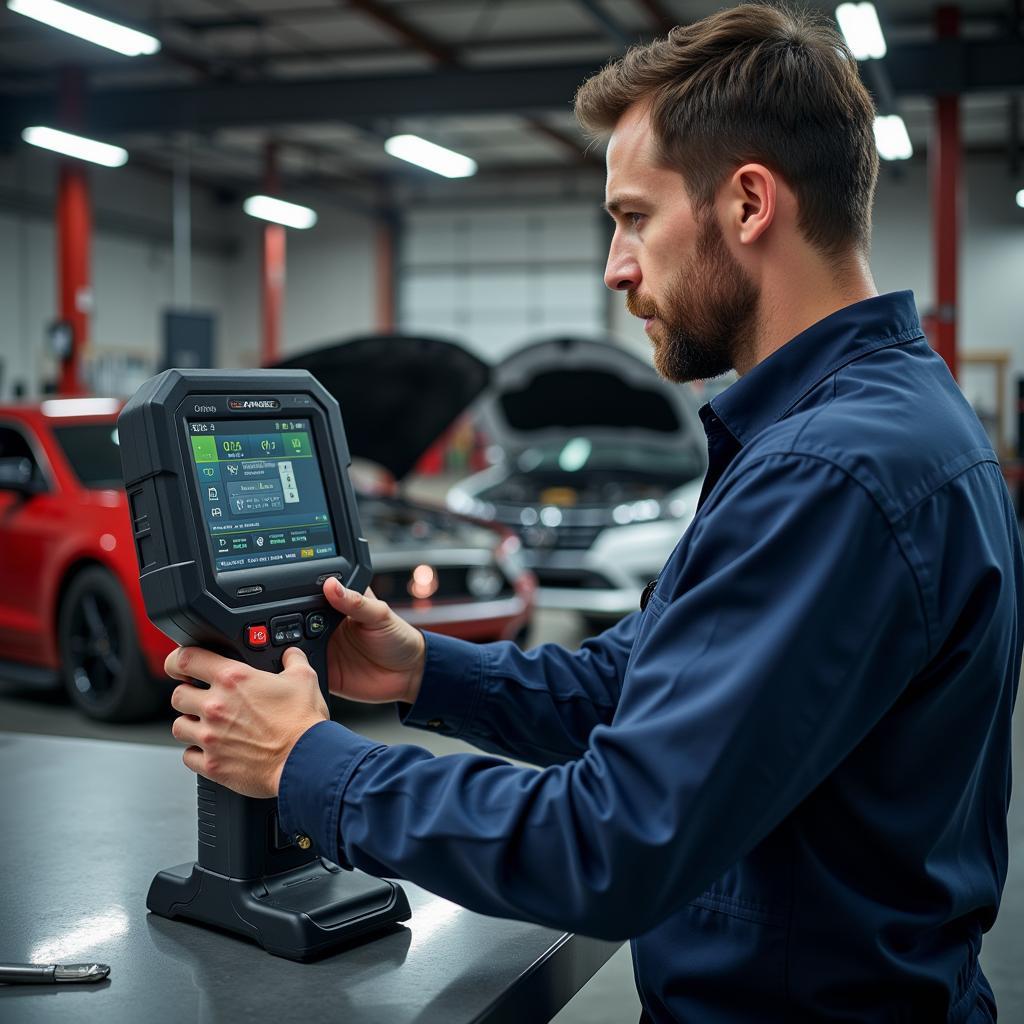 Professional mechanic using a high-end scan tool in a workshop setting.