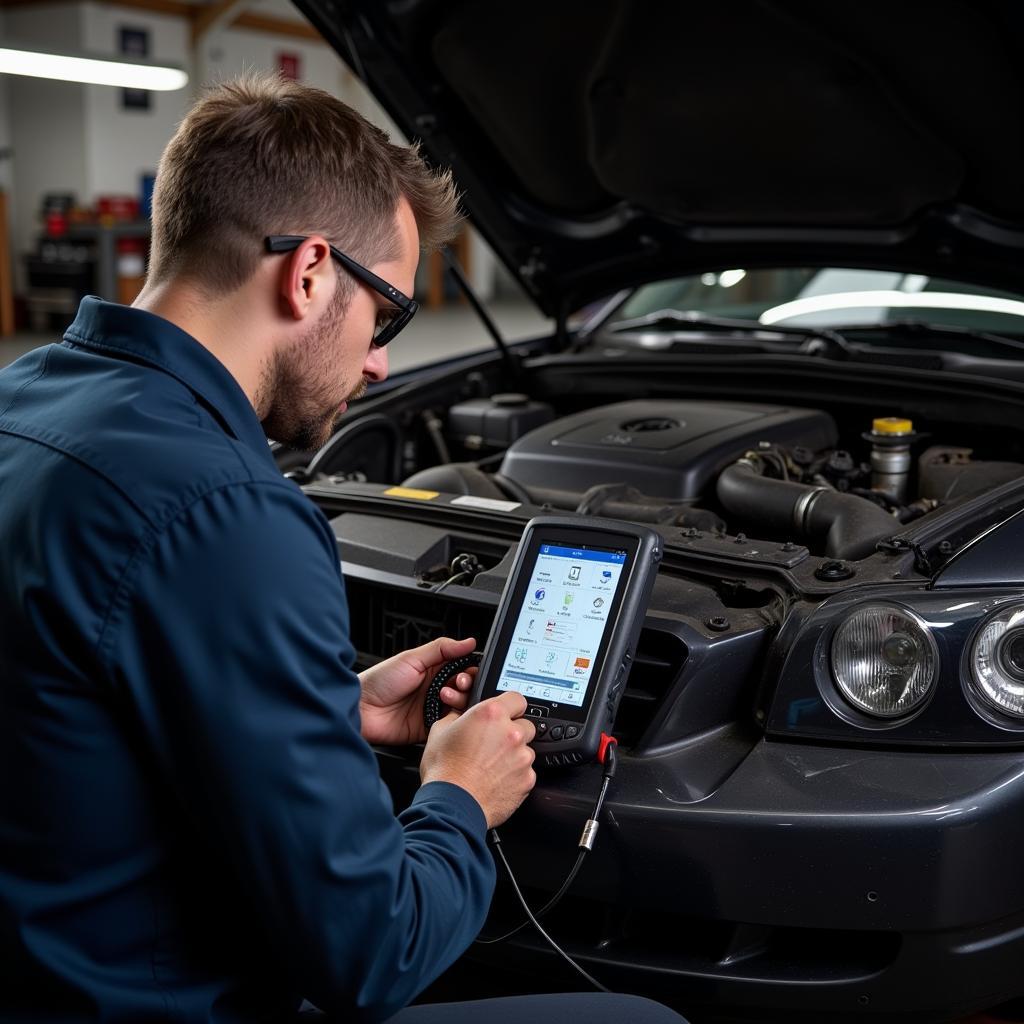 Mechanic Using a Professional Scan Tool on a Classic Car