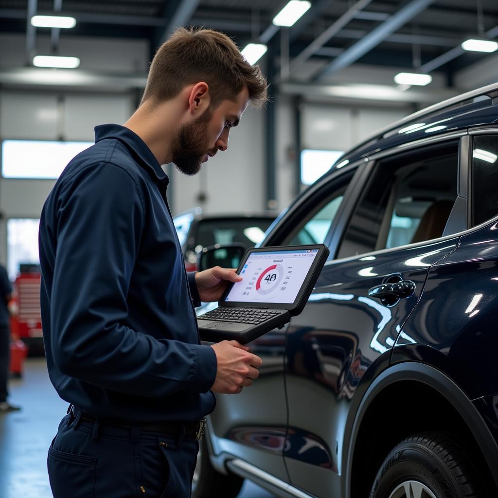 Professional Mechanic Using a Car Diagnostic Tester