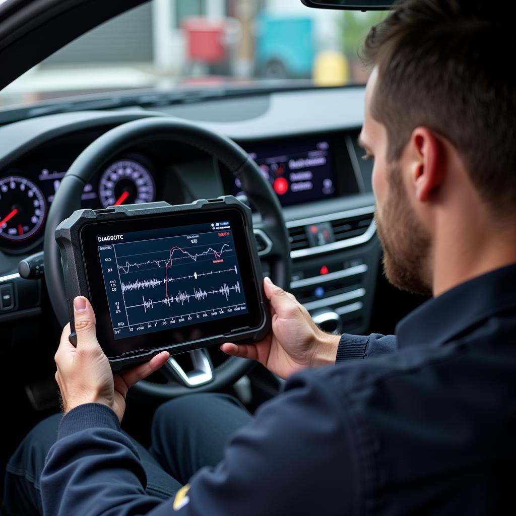 A professional mechanic using a diagnostic tool to diagnose a problem with a European car