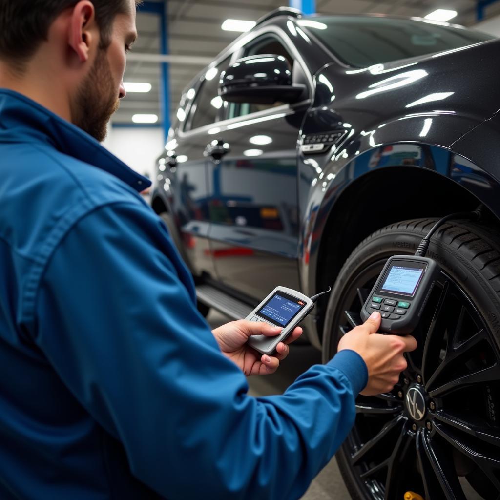 Professional mechanic using a high-end diagnostic tool