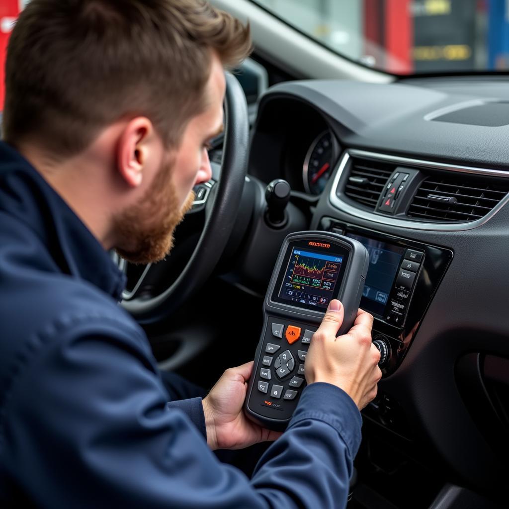 Professional mechanic using a diagnostic tool on an Astra DTI