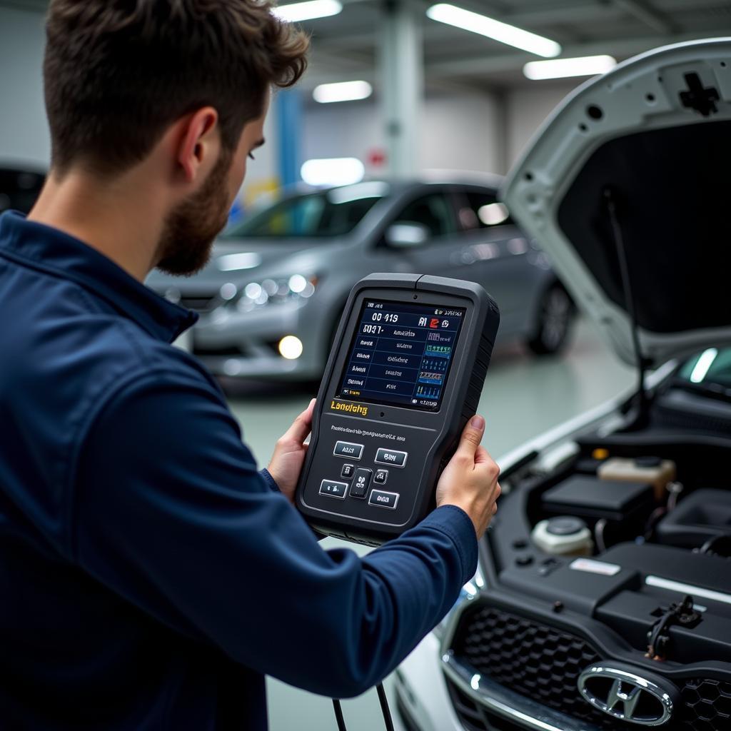 Professional mechanic using a diagnostic tool on a car