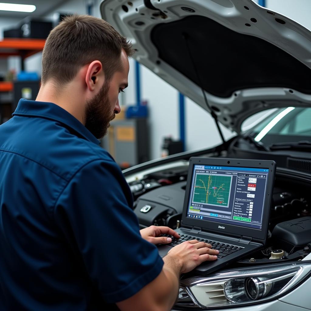 A professional mechanic using a high-end car diagnostic kit in a workshop.