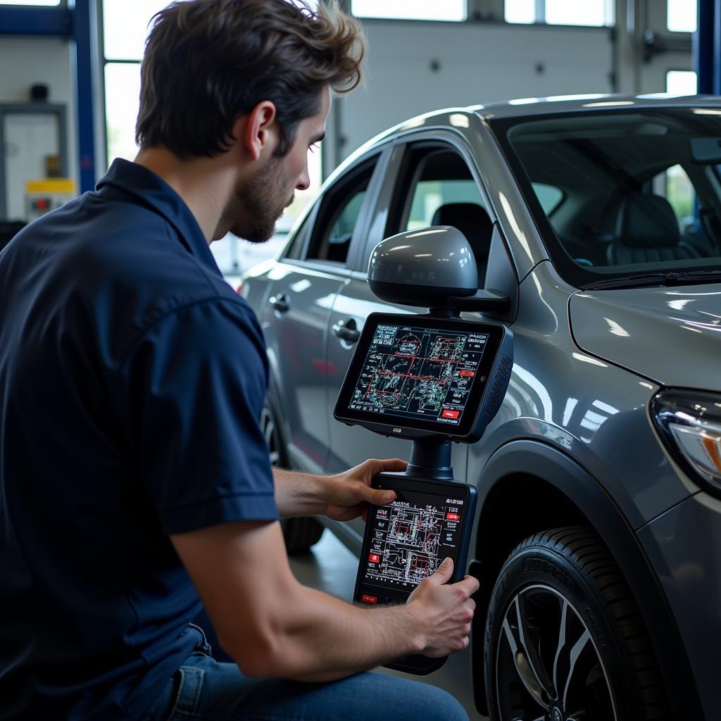 Professional mechanic using a high-end scan tool to diagnose a car problem