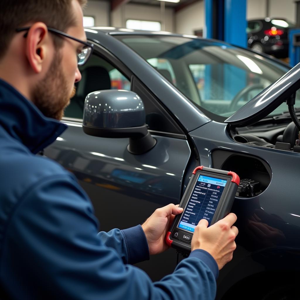 Mechanic using a high-end car diagnostic scanner on a vehicle