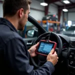 A professional mechanic performing a full system car diagnostic test.