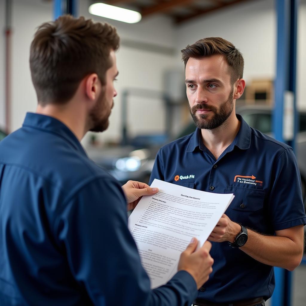 Quick Fit Chorley technician explaining a car diagnostic report to a customer