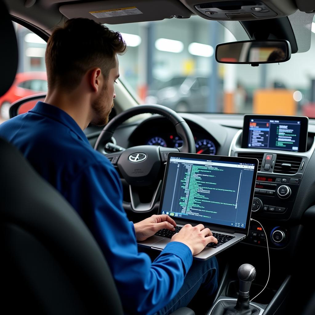 Mechanic interpreting car diagnostic codes on a laptop