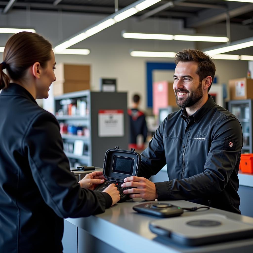 Man renting a car diagnostic scanner at an auto parts store