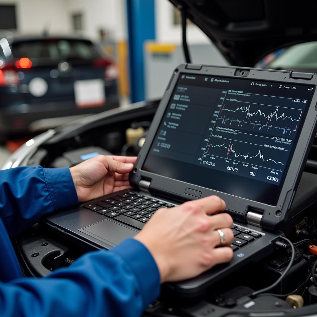 Rugged Car Diagnostic Laptop in Use