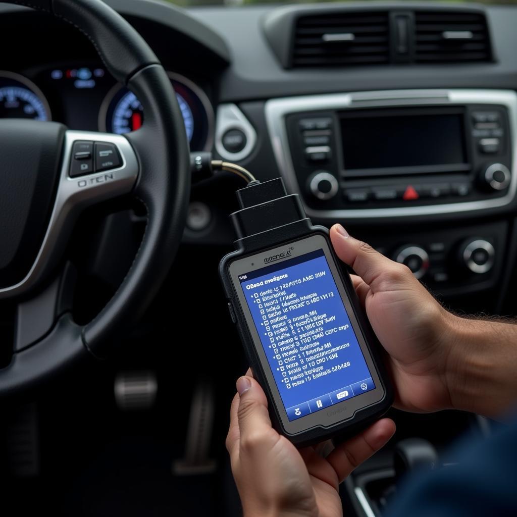 Mechanic running car diagnostics with an OBD2 scanner