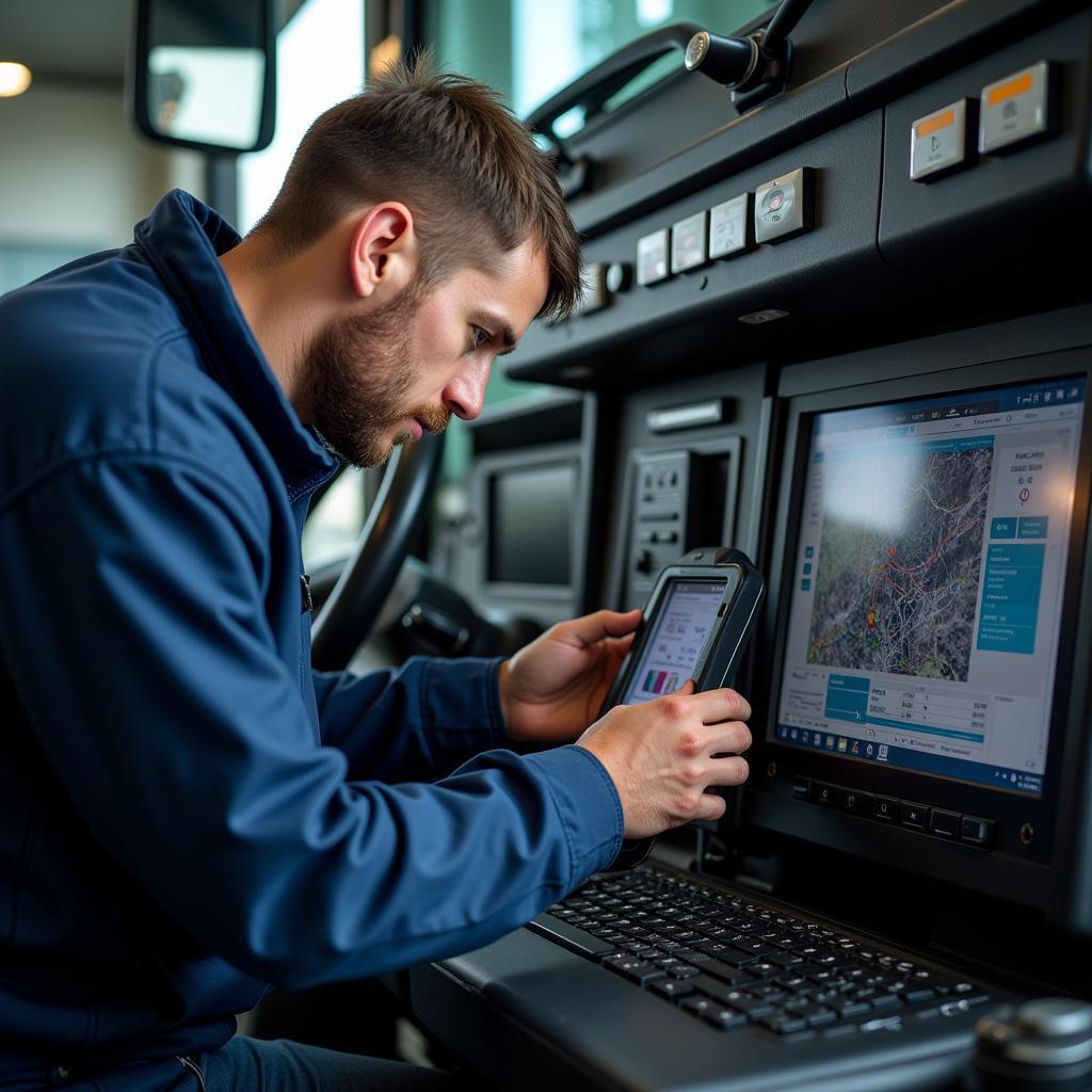 Skilled HGV Mechanic Utilizing Diagnostic Tools