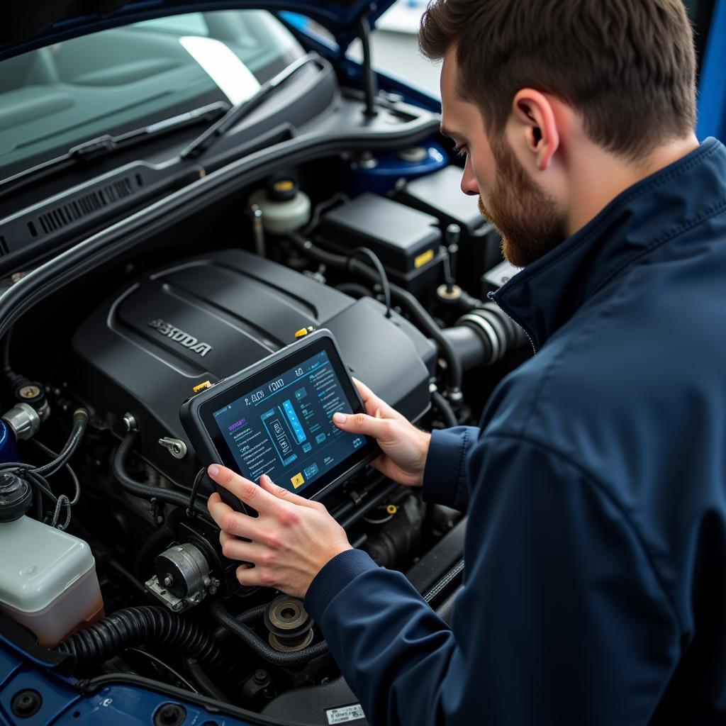 Mechanic Inspecting Skoda Engine Bay