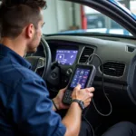 Mechanic Using a Smart Car Diagnostics Machine to Analyze Vehicle Data