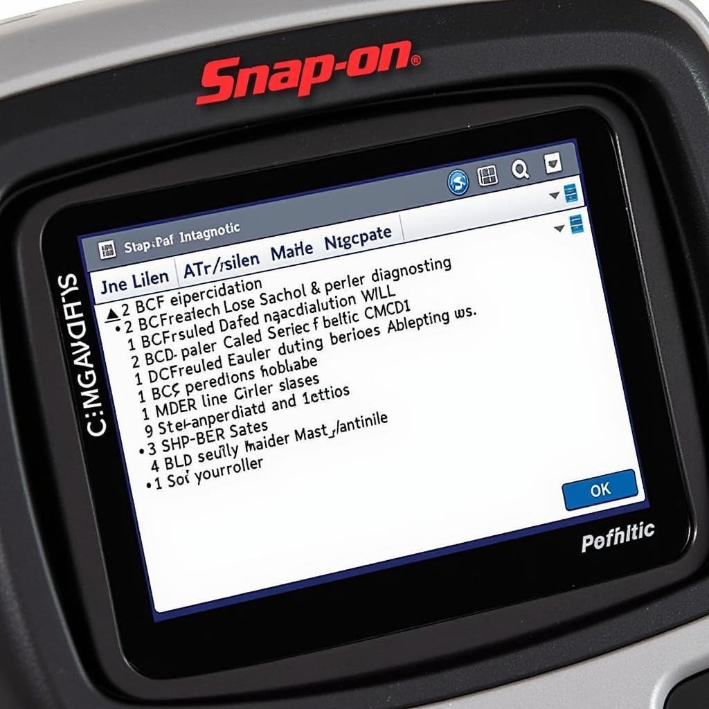 Close-up of a Snap-on code reader's display showing diagnostic information