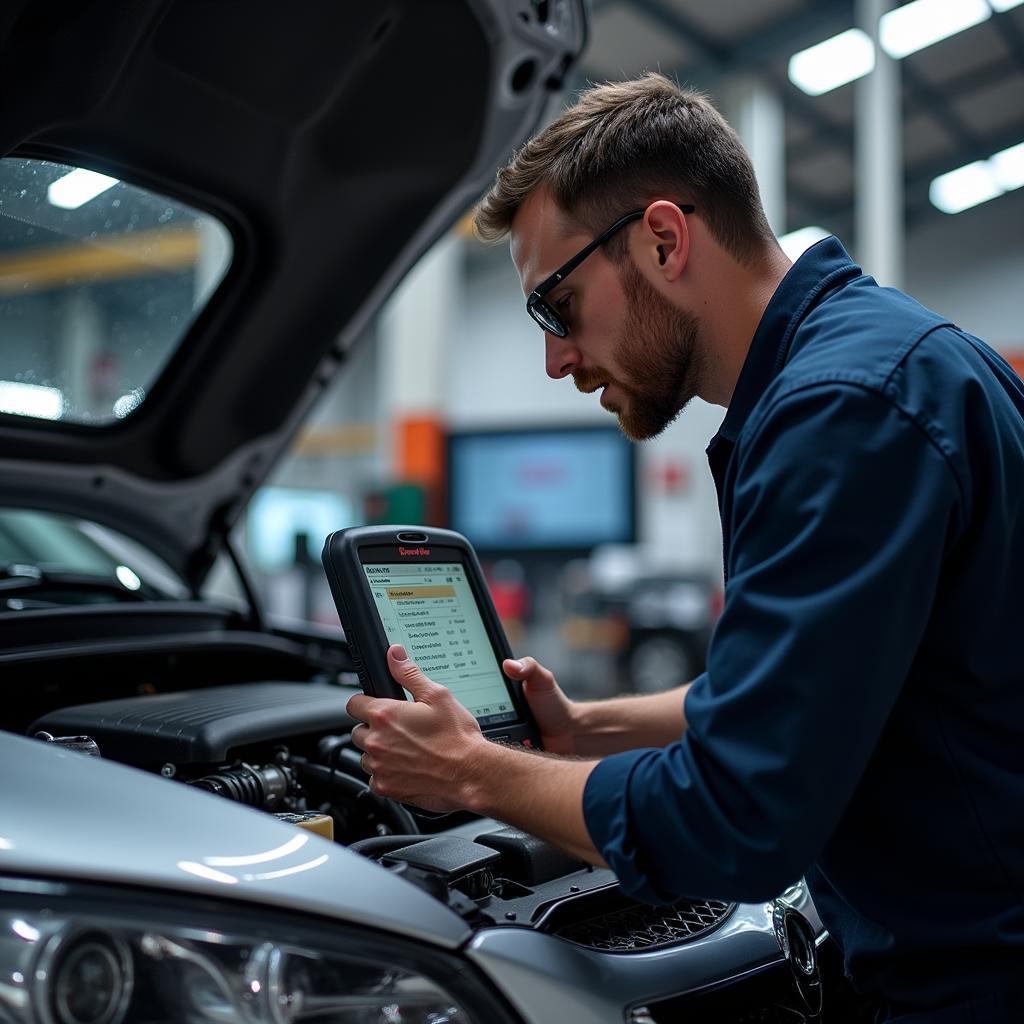 Mechanic using a Snap-On diagnostic tool on a car