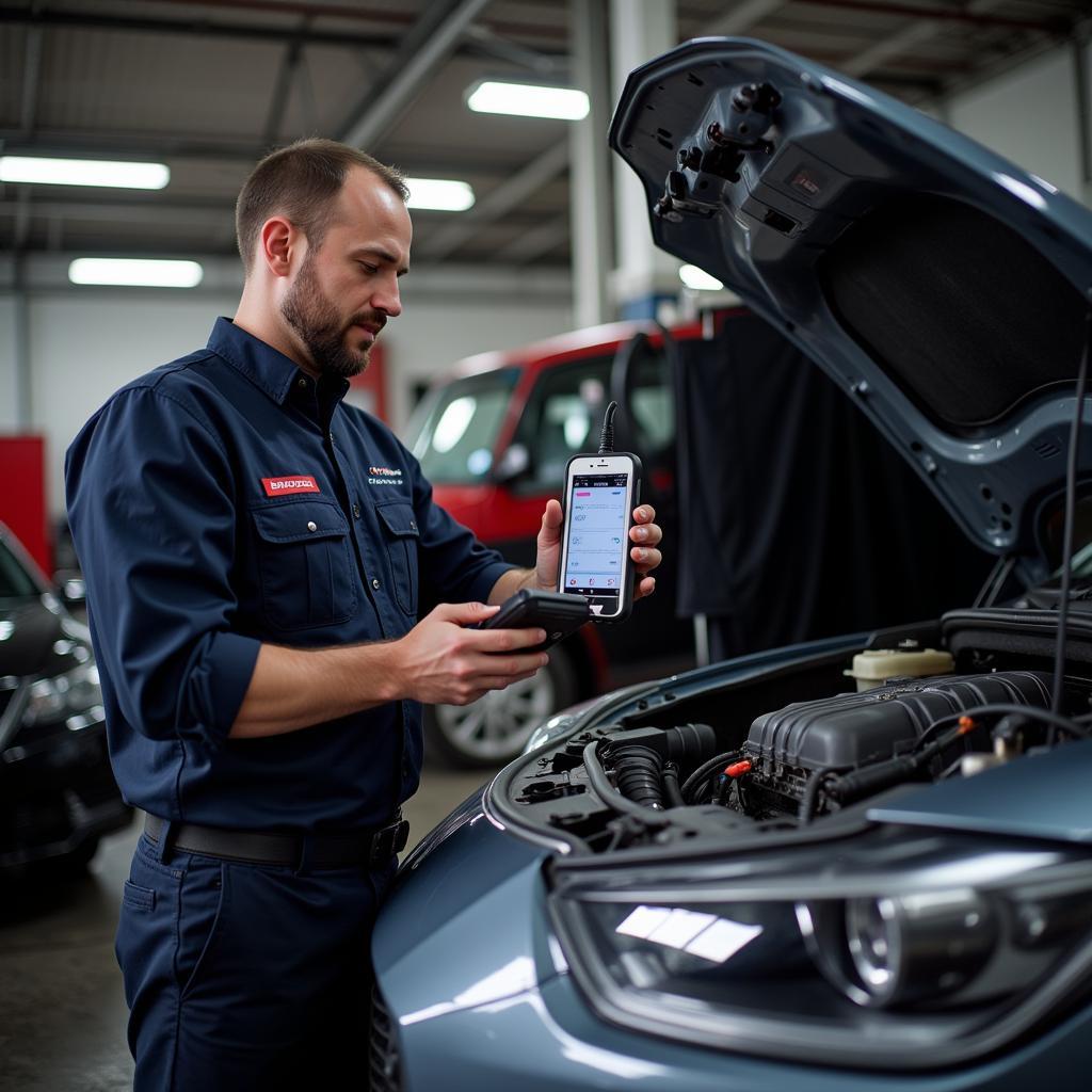 Mechanic Using Snap-On Diagnostic Tool