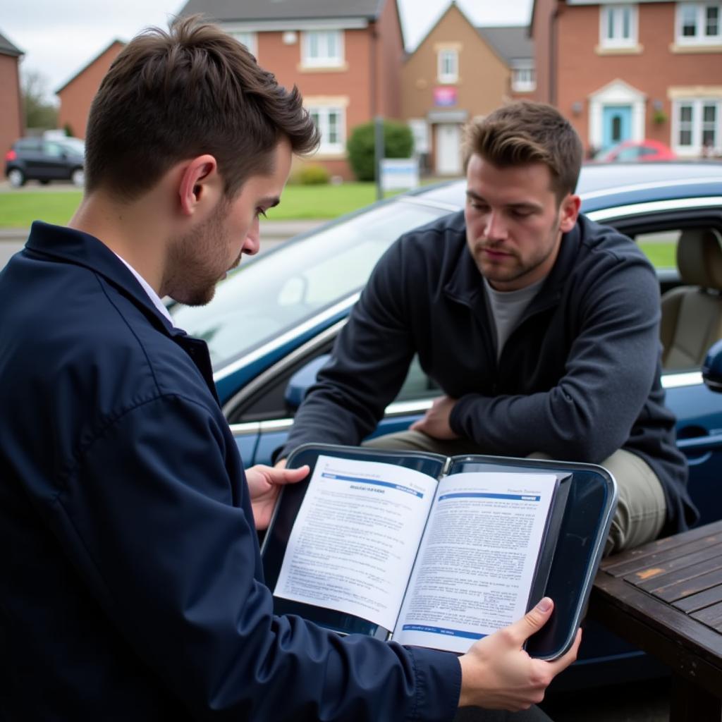 Technician explaining a car diagnostics report in Southampton