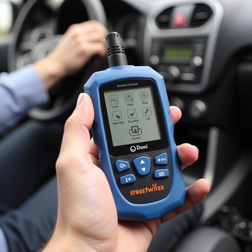 A person holding the Streetwize Car Diagnostic Tool Mini