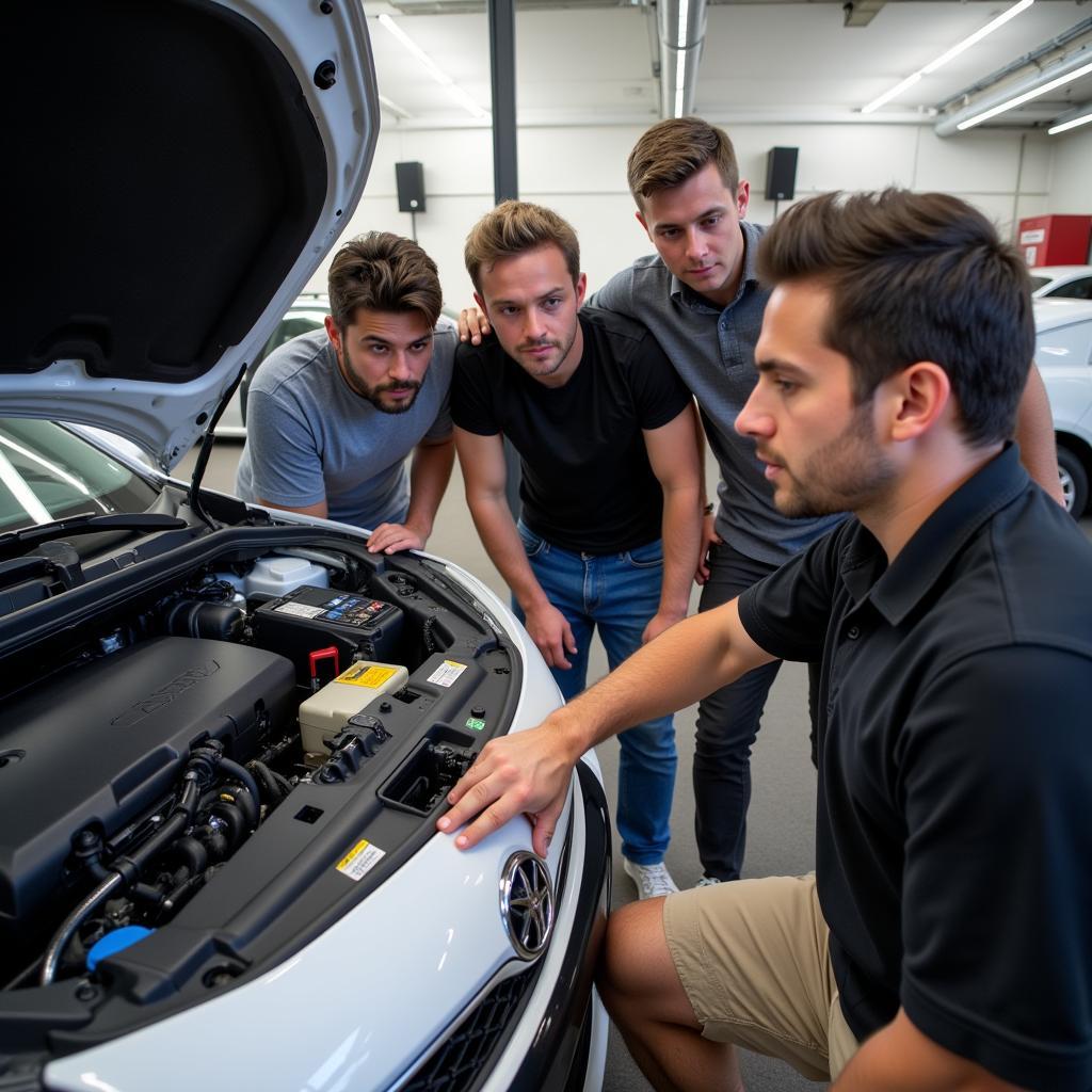 Students Engaged in a Car Diagnostics Workshop