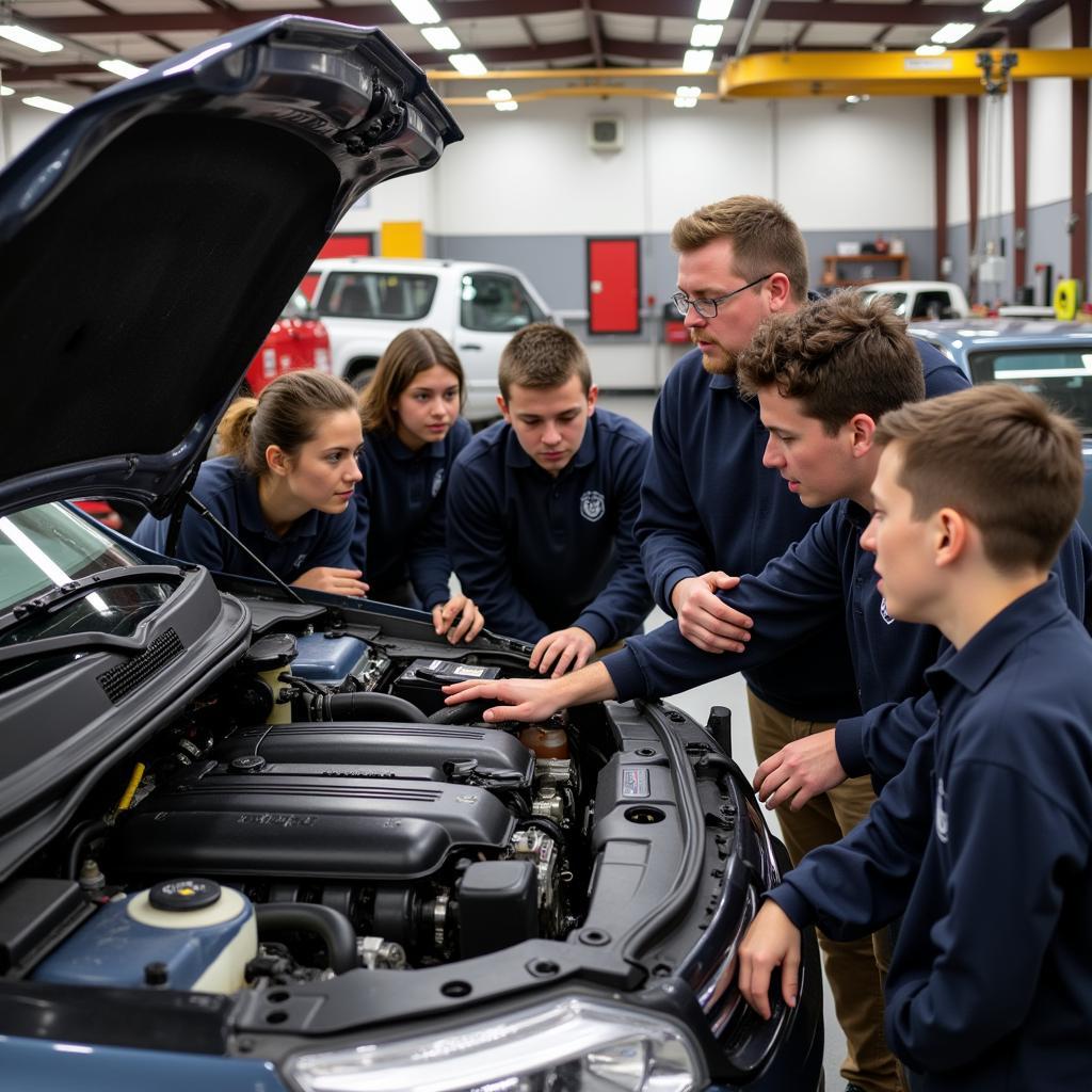 Students practicing car diagnostics in a workshop