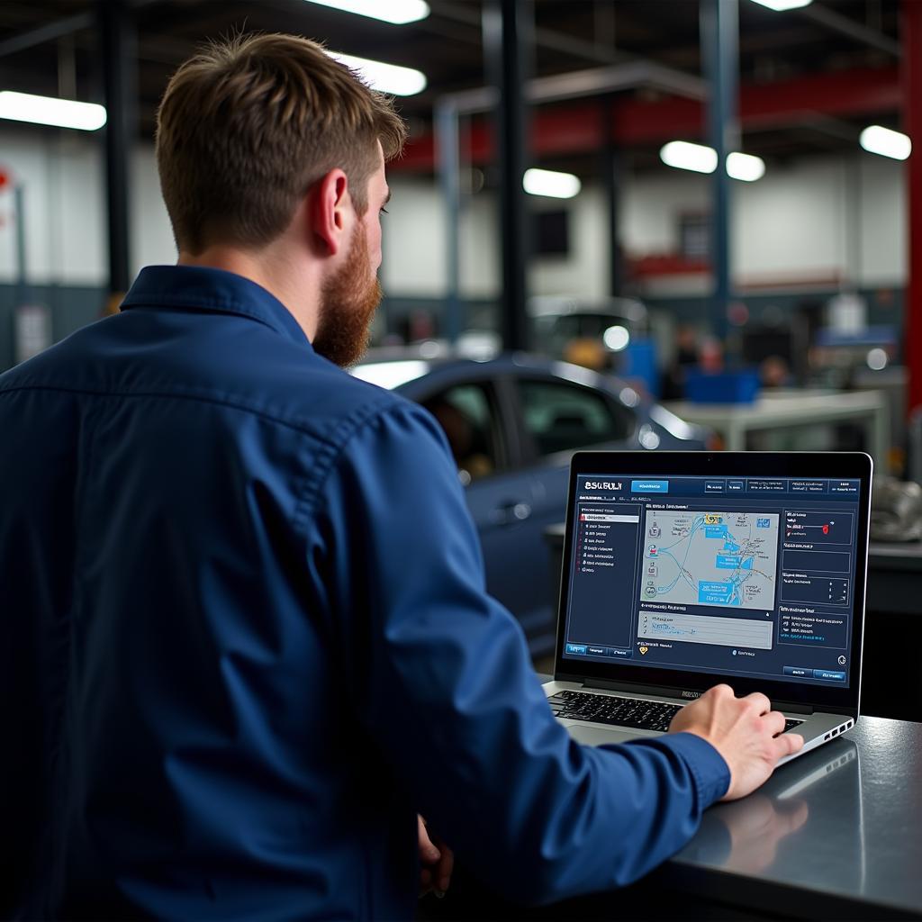 Mechanic using Suzuki diagnostic software on a laptop