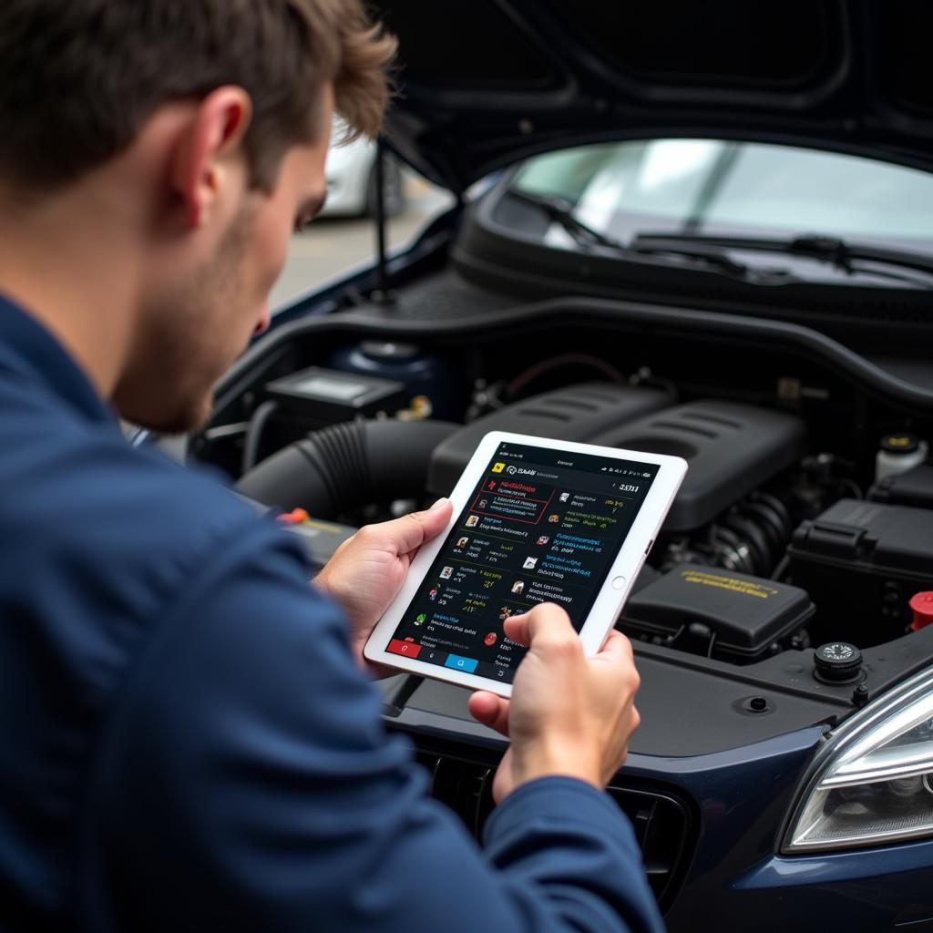 Mechanic using a tablet for car diagnostics