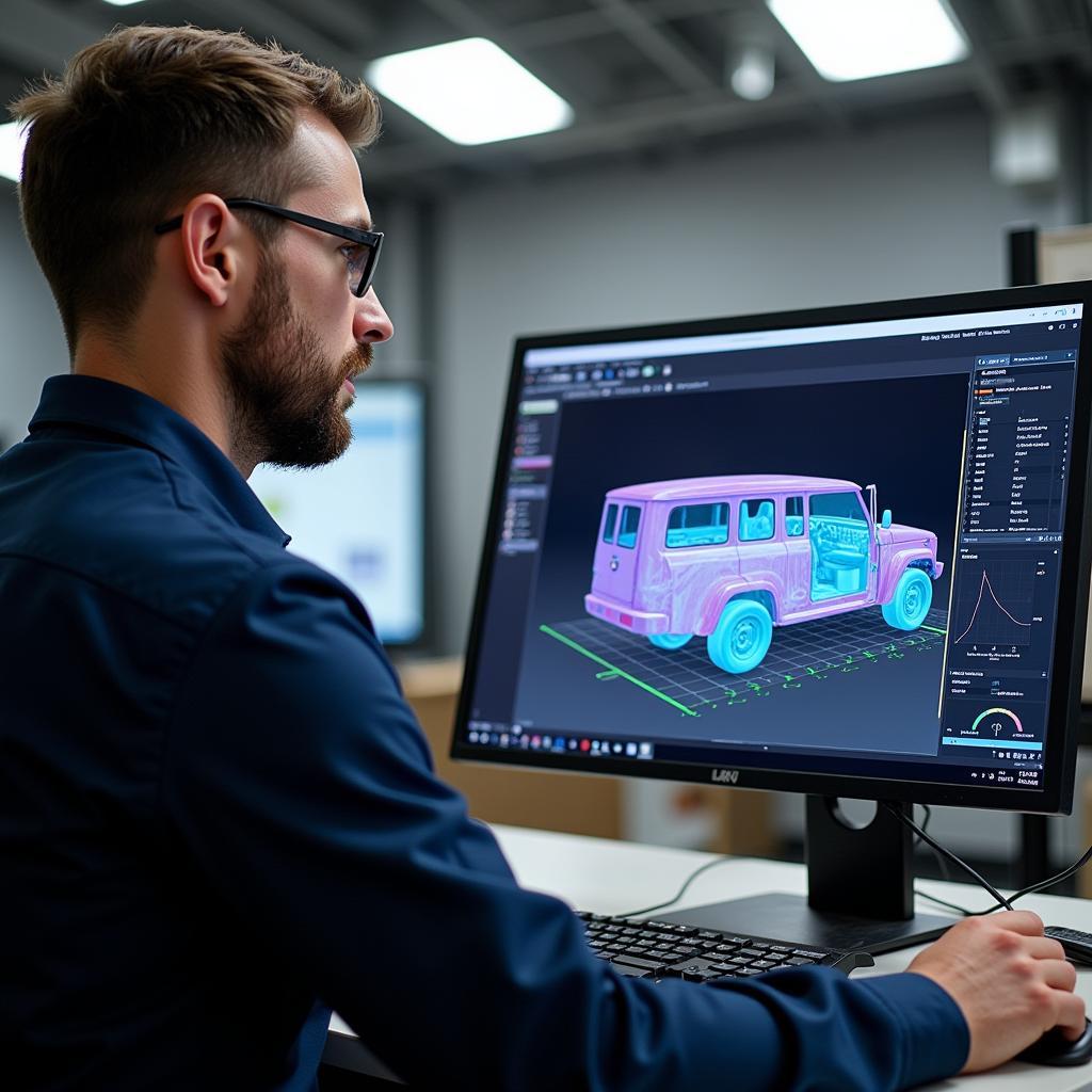 Technician reviewing car o-liner data on a computer screen