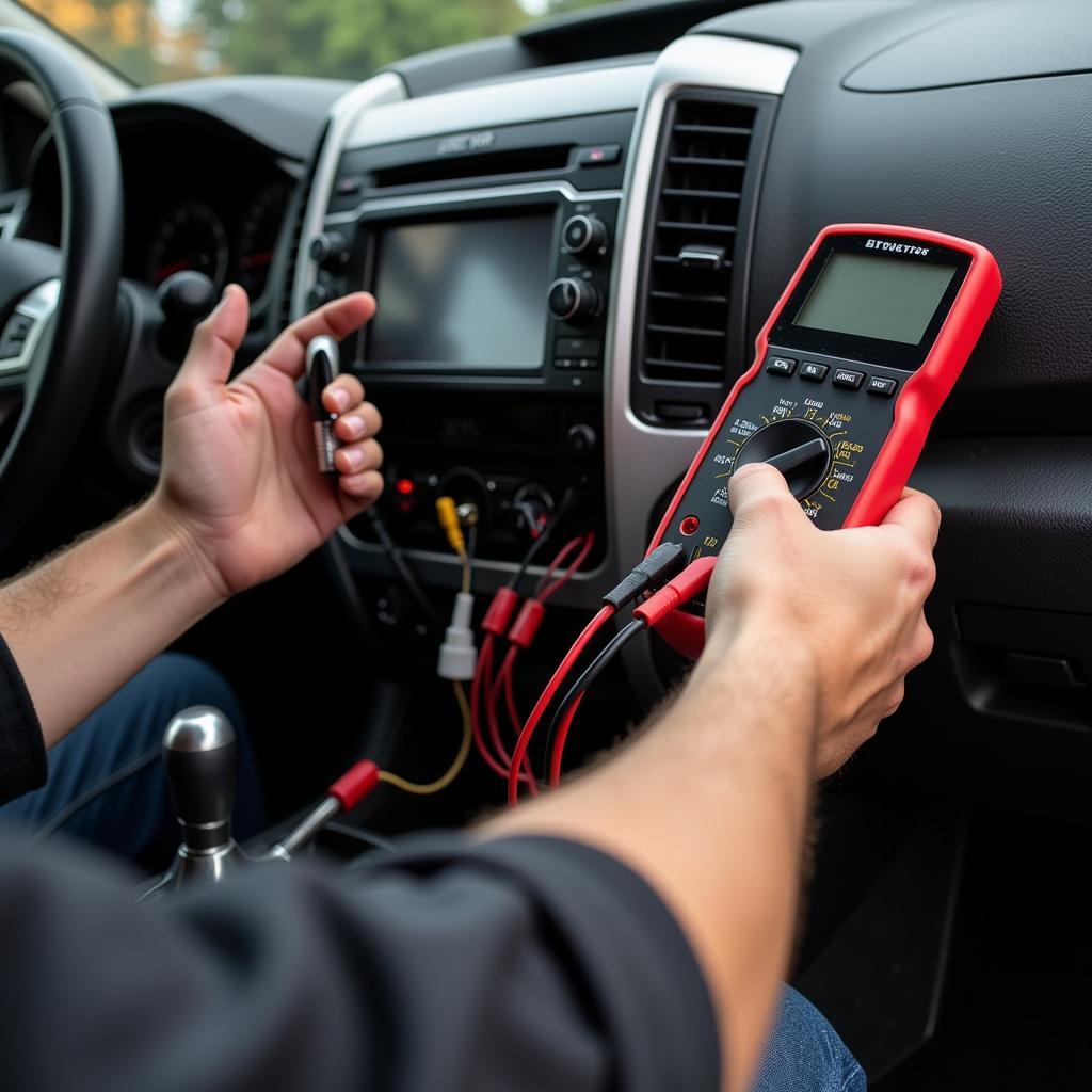 Technician Diagnosing Car Stereo