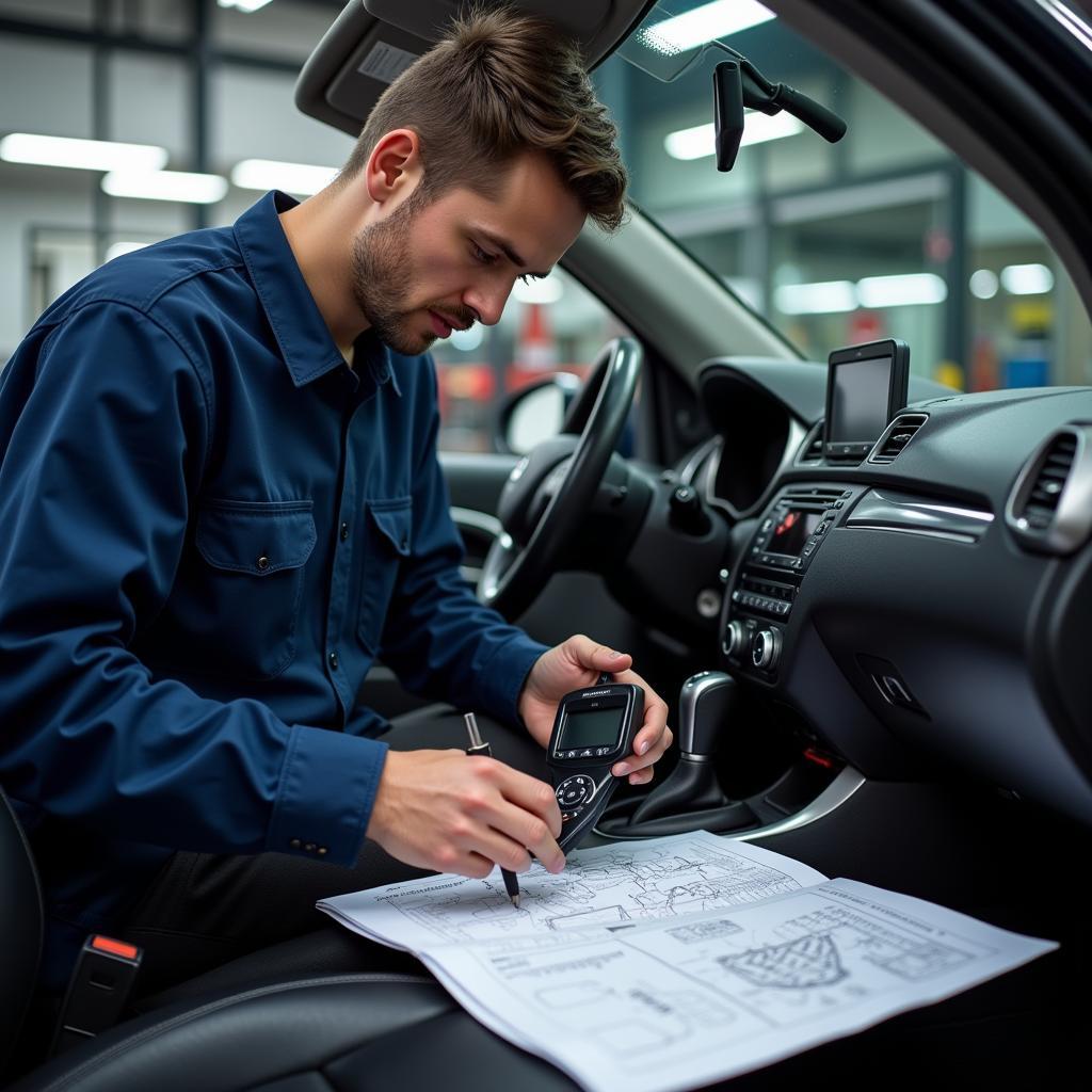 Technician examining car's SRS system