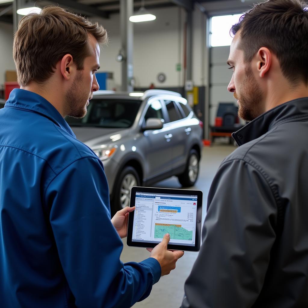 A car audio technician explains diagnostic results to a car owner.