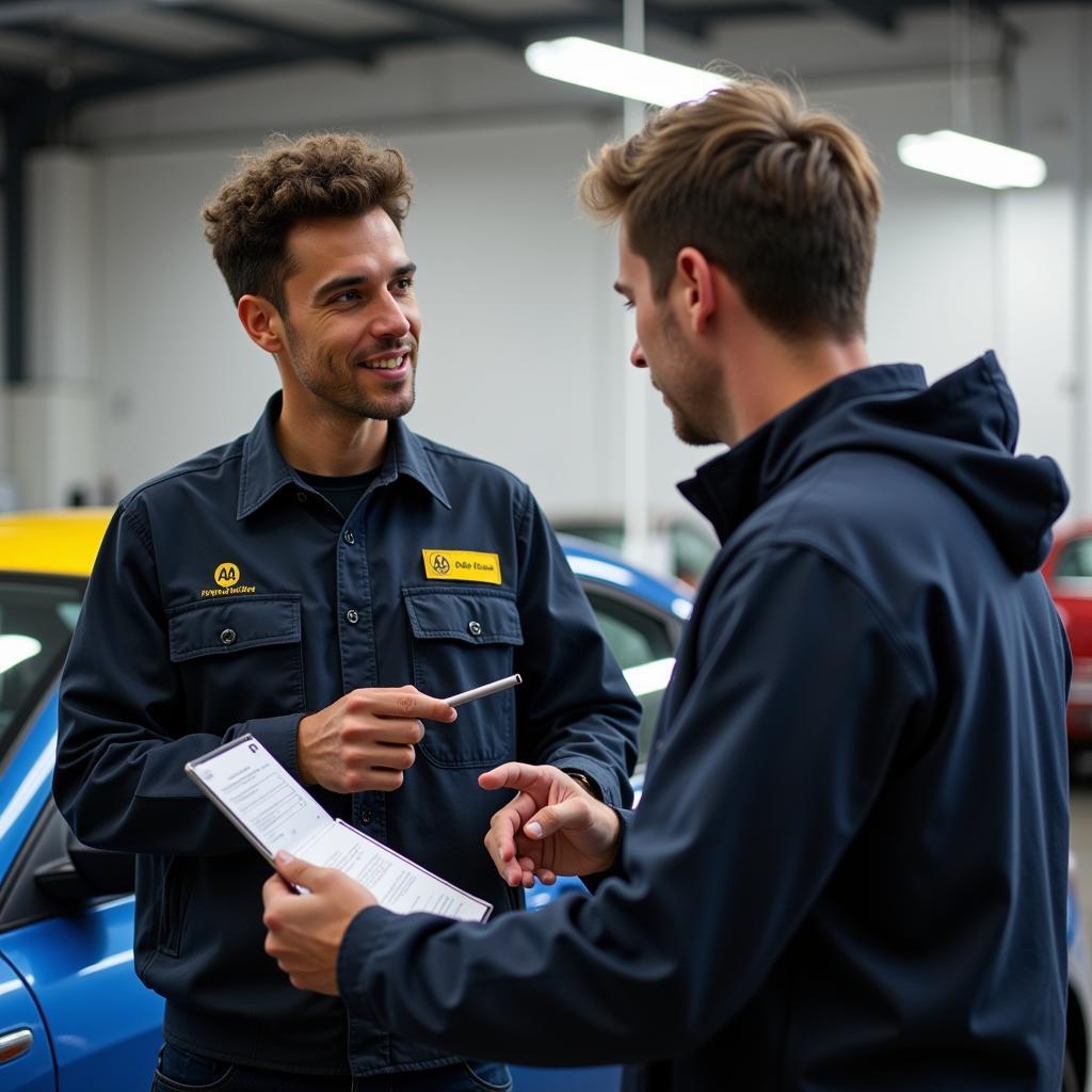 Technician Discussing Diagnostics with Car Owner