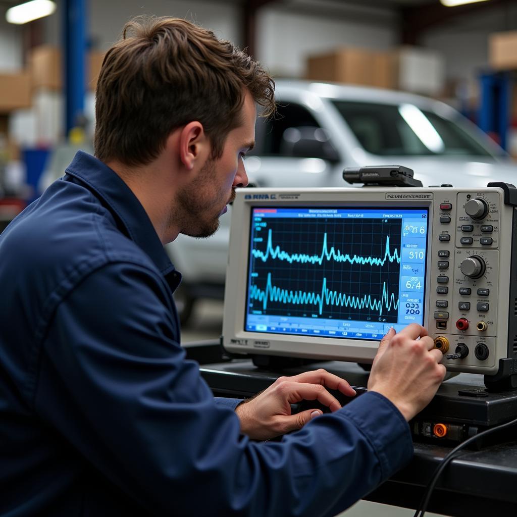 Automotive Technician Using an Oscilloscope for Car Diagnostics