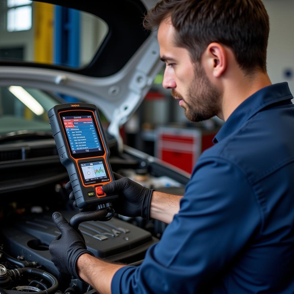 Mechanic using a Topdon scanner to diagnose a car