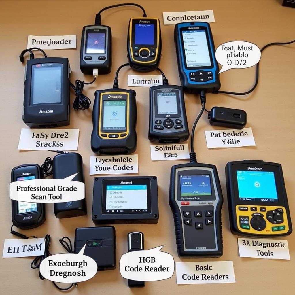 Different types of Amazon car diagnostic tools displayed on a table.