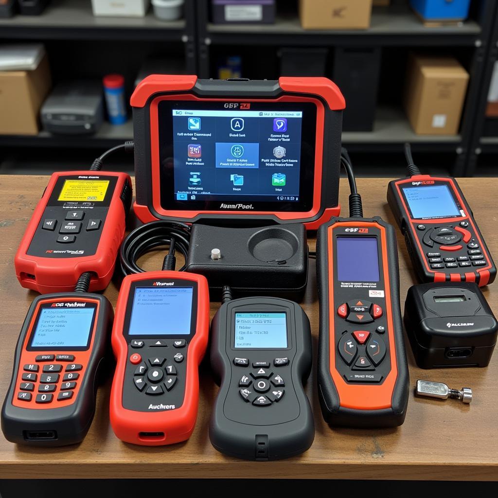 Various types of car diagnostic tools displayed on a workbench