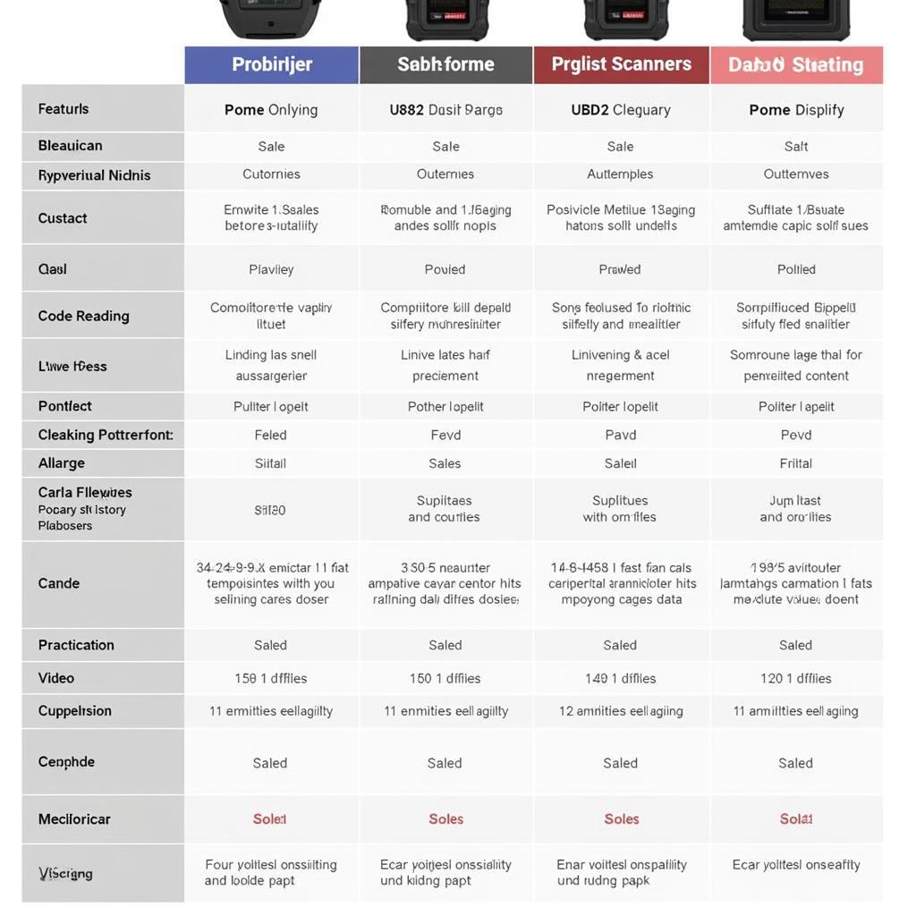 Comparison table of U581 scanner with other popular car diagnostic scanners