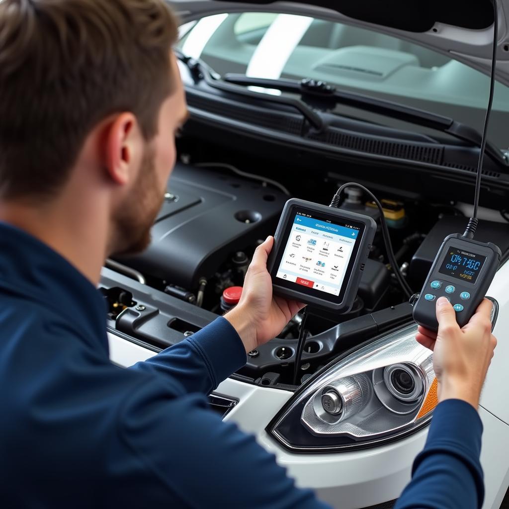 Mechanic using U581 scanner to diagnose car engine problems