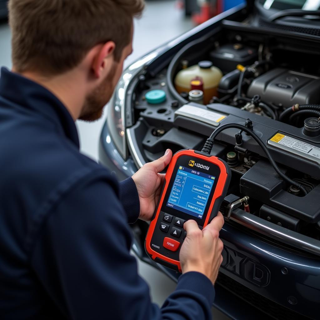 Mechanic using a UK car diagnostic tool