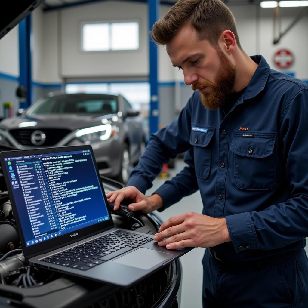 Mechanic using universal car diagnostic software to diagnose a car problem