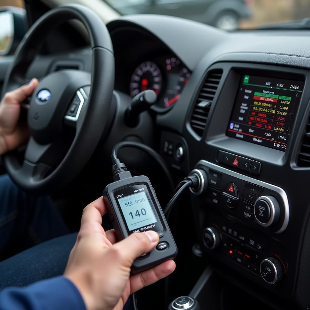 Mechanic using a universal car diagnostic scanner on a car dashboard