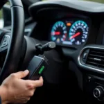 Mechanic using a USB car diagnostic tool connected to a car's OBD2 port